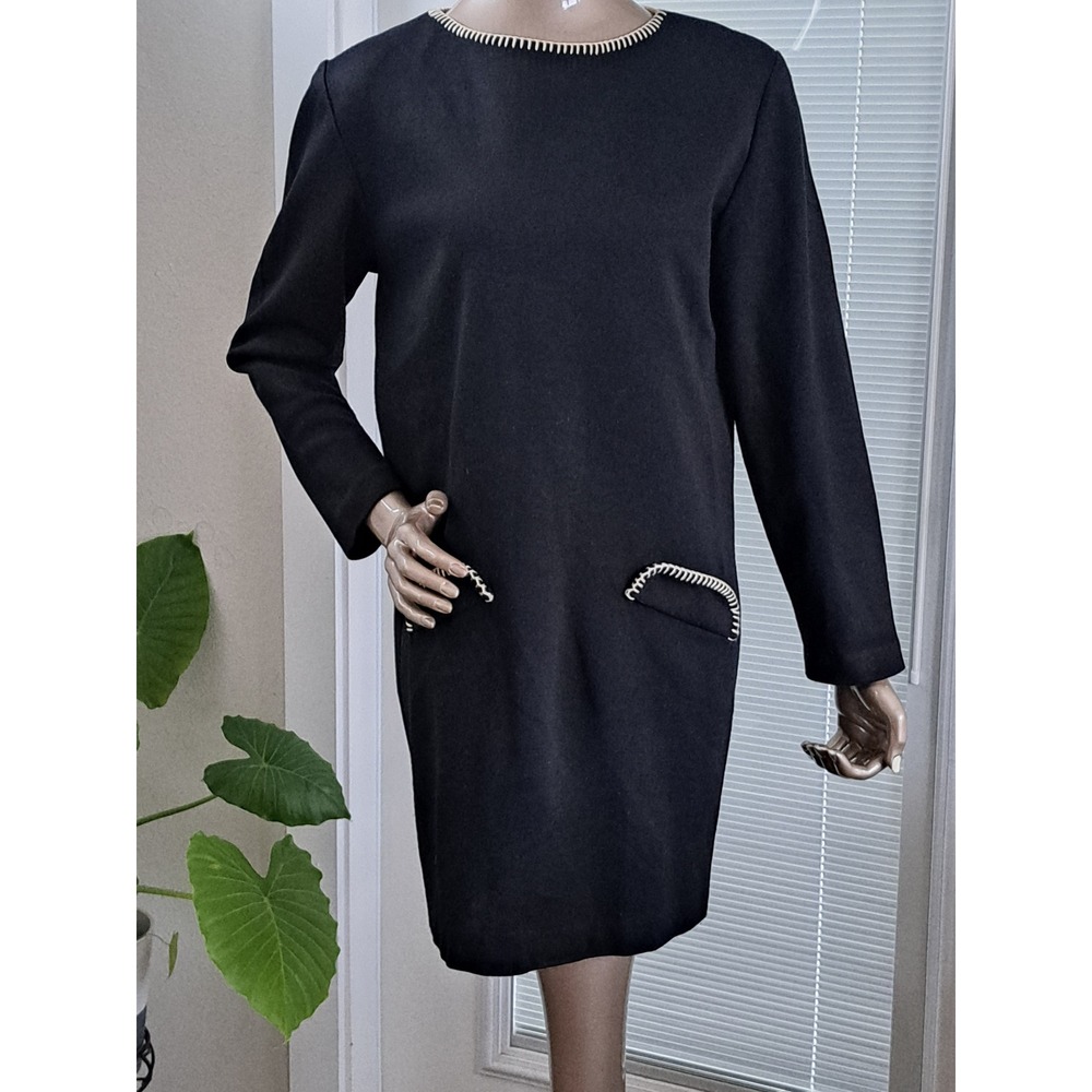 Vintage Calendar Black Knit Shift Dress Long Sleeve Whipstitch Detail Size Large